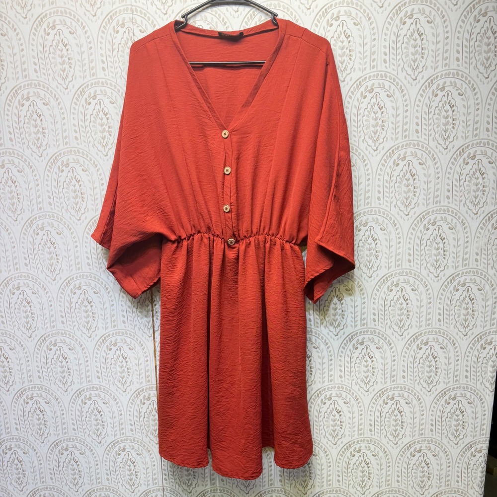 Adara Kimono Sleeve Mini Dress Womens L Rust Orange Button Front Elastic Waist